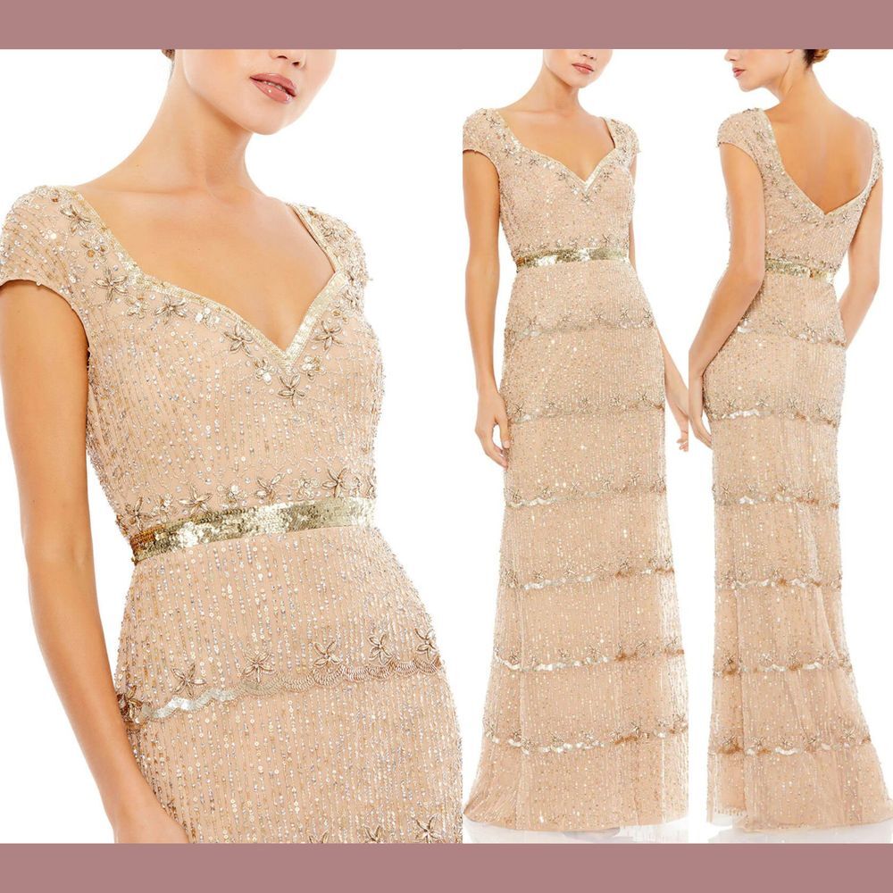 NWT $598 Mac Duggal [ 6 ] 9089 Cap‎ Sleeve Embellished Column Gown Nude Gold